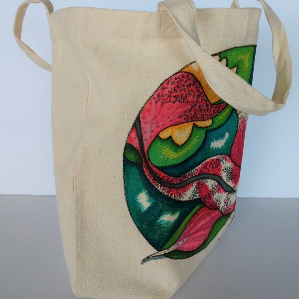 Hand Painted Tote Bag with Pink Koi Fish in Pond 13.5x13.5x3.5 NWT Handmade - Picture 6 of 16